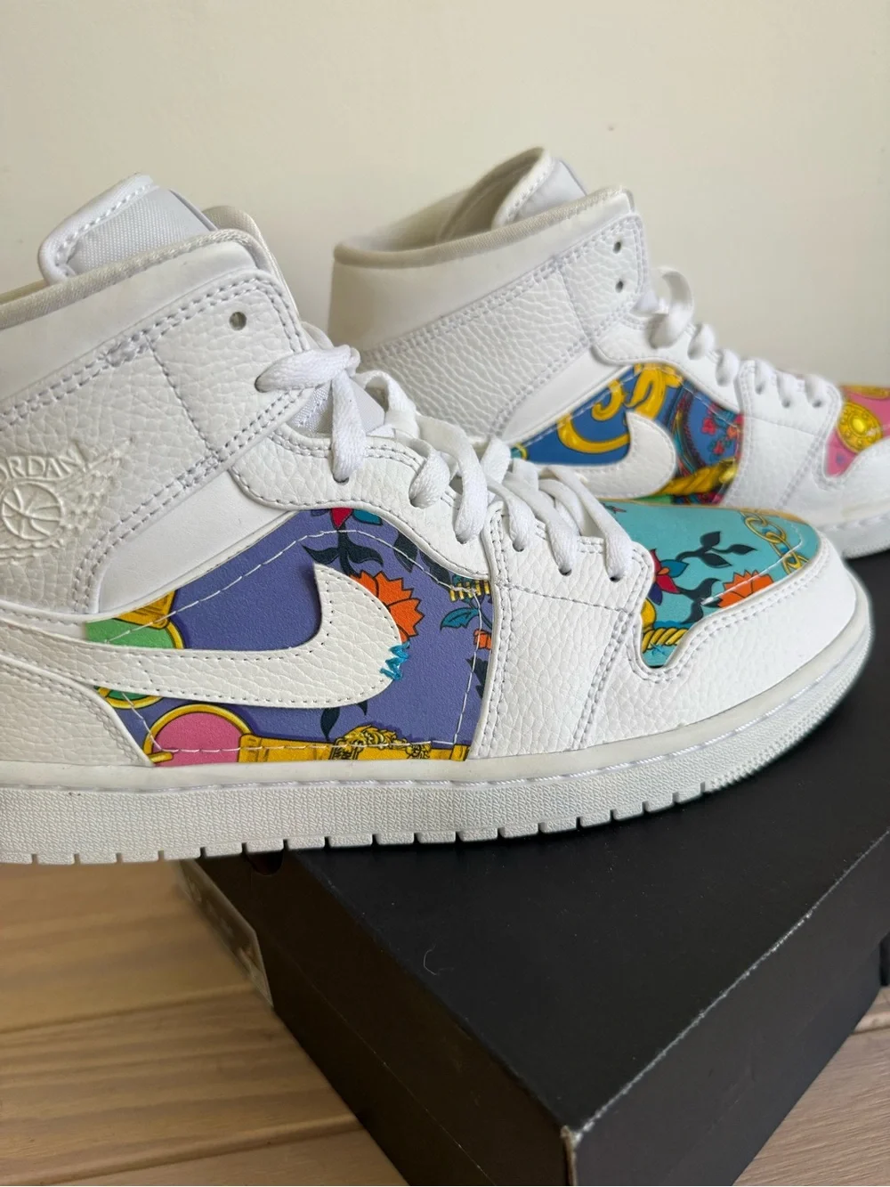 Jordan Men’s Athletic High-Tops White with Pink, Teal, Yellow & Gold Accents